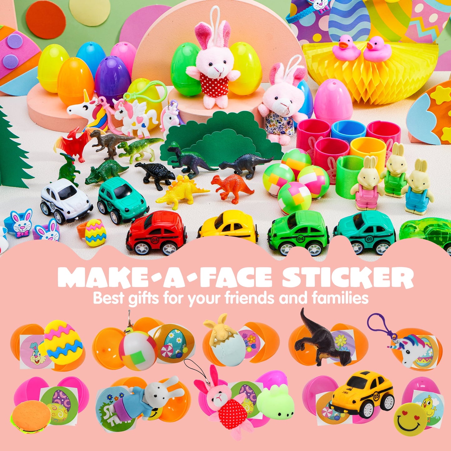 100 Pcs Toys Bulk Stuffed Easter Eggs with Easter Stickers and Toys Inside for Easter Hunts Basket Stuffers Easter Party Favor Surprise Gifts