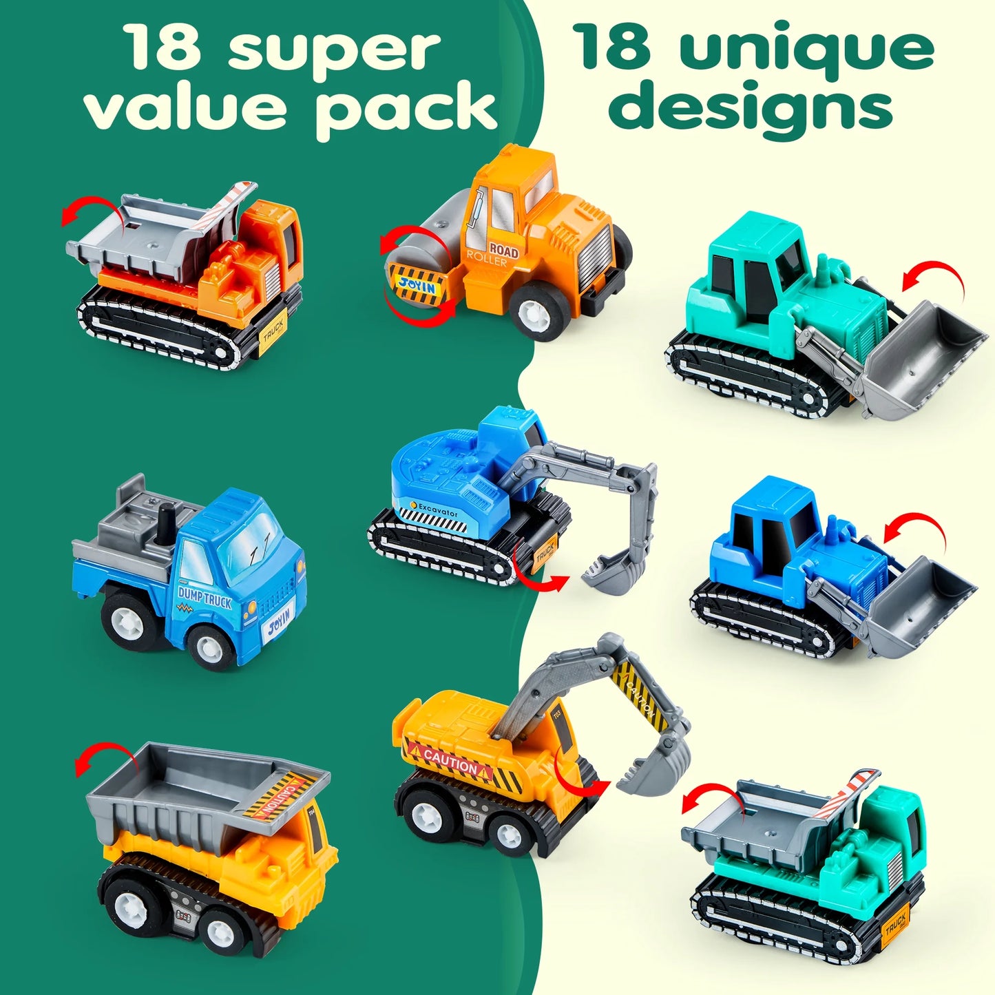 Syncfun 18 Pcs Toy Cars for kids, Friction Pull Back Play Car Vehicle Party Favors, Mini Excavator Toy Trucks for Boys 2 3 4 5 6 Years Old
