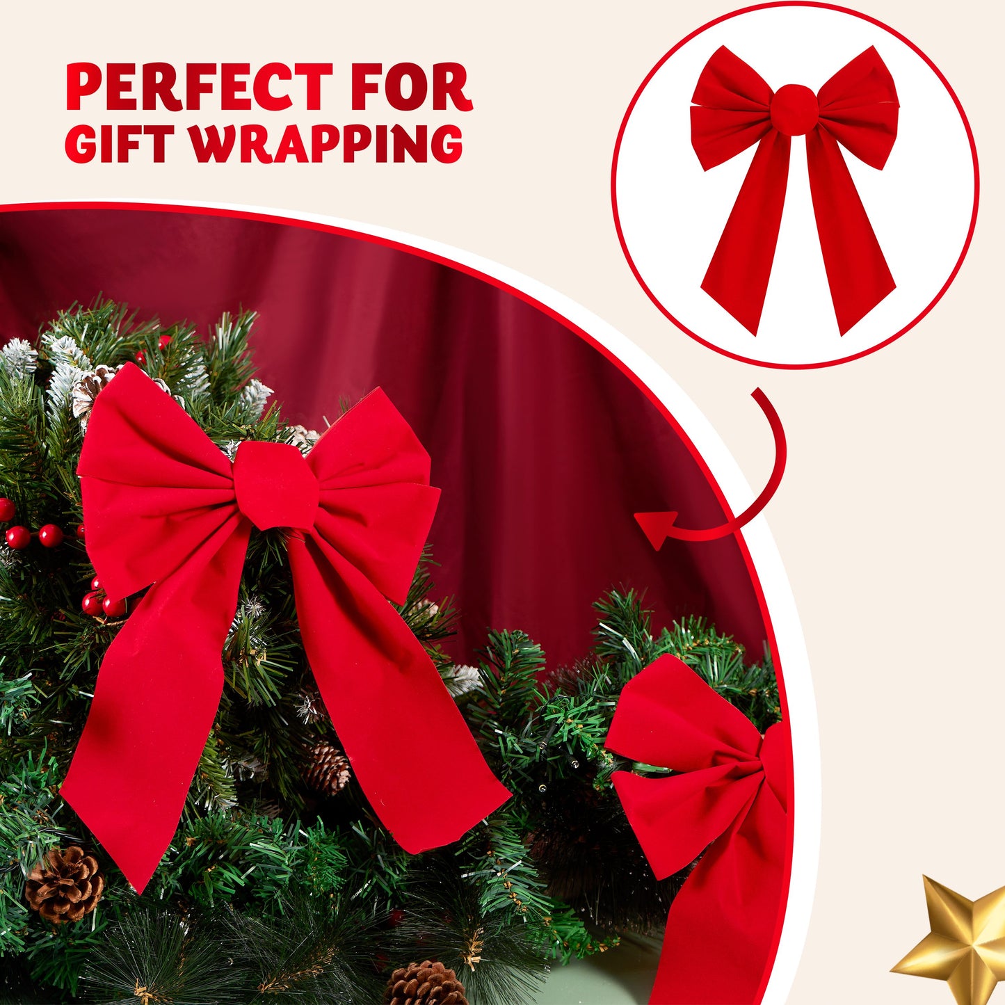 Joyfy 12 Pcs Christmas Red Velvet Bows, 13"x 9" Wide Decorative Christmas Bows for Wreath Garland Christmas Tree Decor, Indoor Outdoor Holiday Decorations