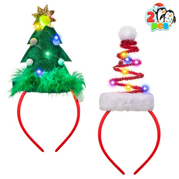 Joyfy 2-Piece Lighted Christmas Headbands with LED Lights in Elastic Santa Hat Christmas Tree Design for Christmas and Holiday Parties (One Size)