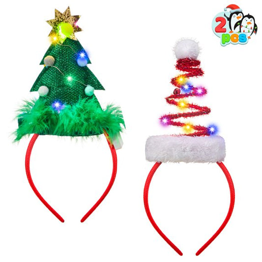 Joyfy 2-Piece Lighted Christmas Headbands with LED Lights in Elastic Santa Hat Christmas Tree Design for Christmas and Holiday Parties (One Size)