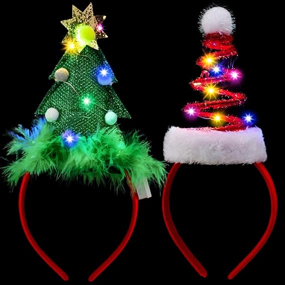 Joyfy 2-Piece Lighted Christmas Headbands with LED Lights in Elastic Santa Hat Christmas Tree Design for Christmas and Holiday Parties (One Size)