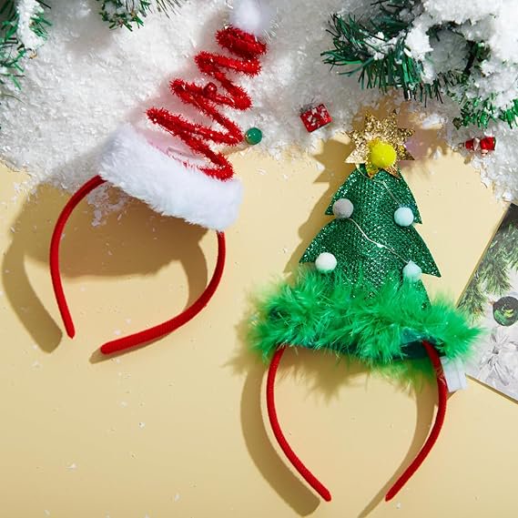 Joyfy 2-Piece Lighted Christmas Headbands with LED Lights in Elastic Santa Hat Christmas Tree Design for Christmas and Holiday Parties (One Size)