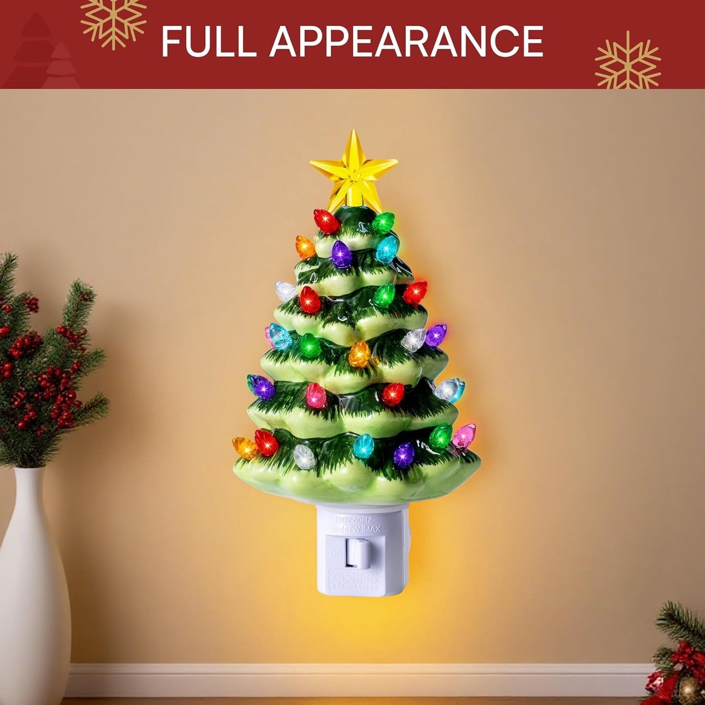 Joyfy 5.5" 2 Pcs Ceramic Xmas Tree Night Lights with 54 LED, Mini Tree for Christmas Decoration, Holiday Indoor Decor