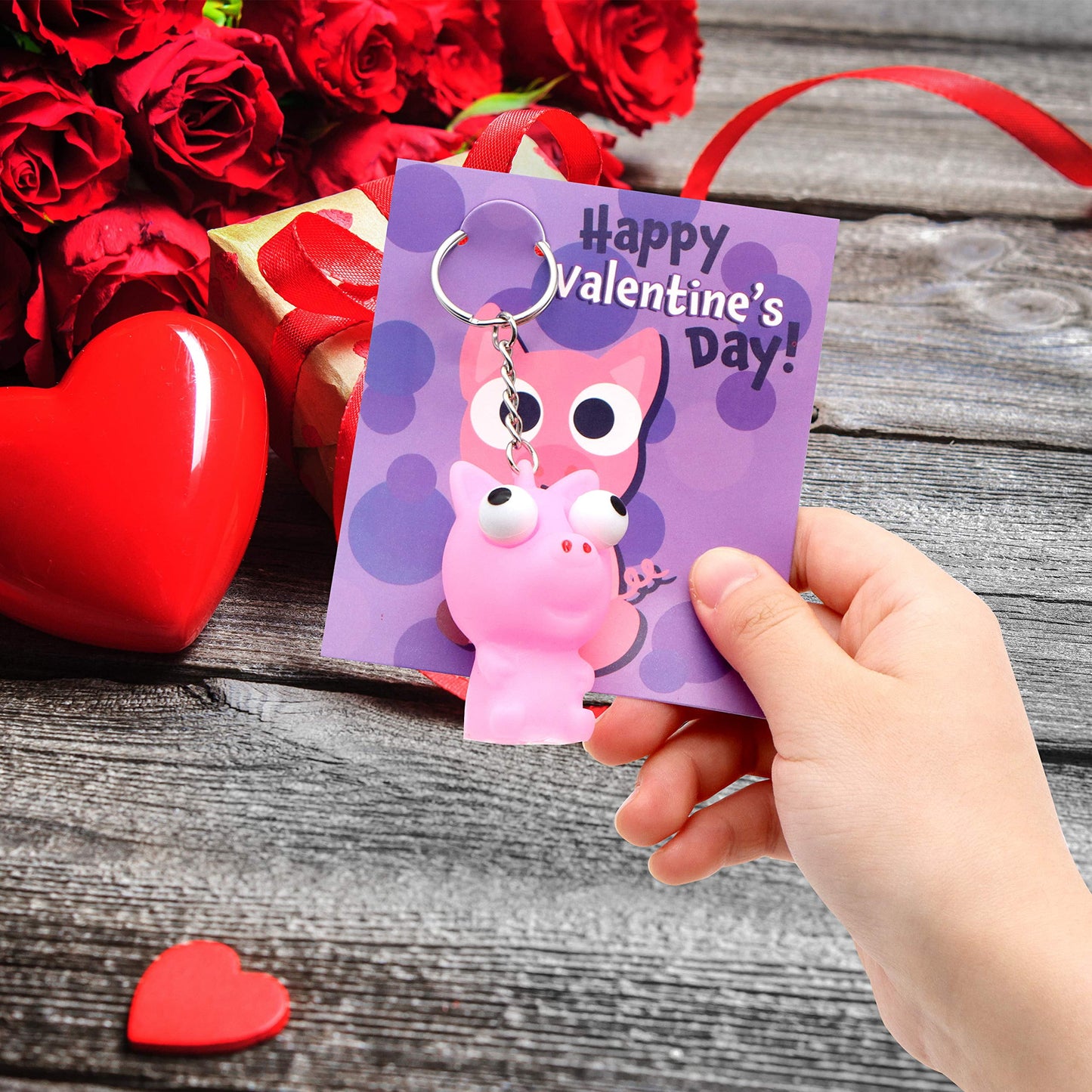 28 Packs Valentines Cards with Popping Eyes Animal Keychain for Kids, Fidget Valentines Toys for Kids School Class Exchange Cards