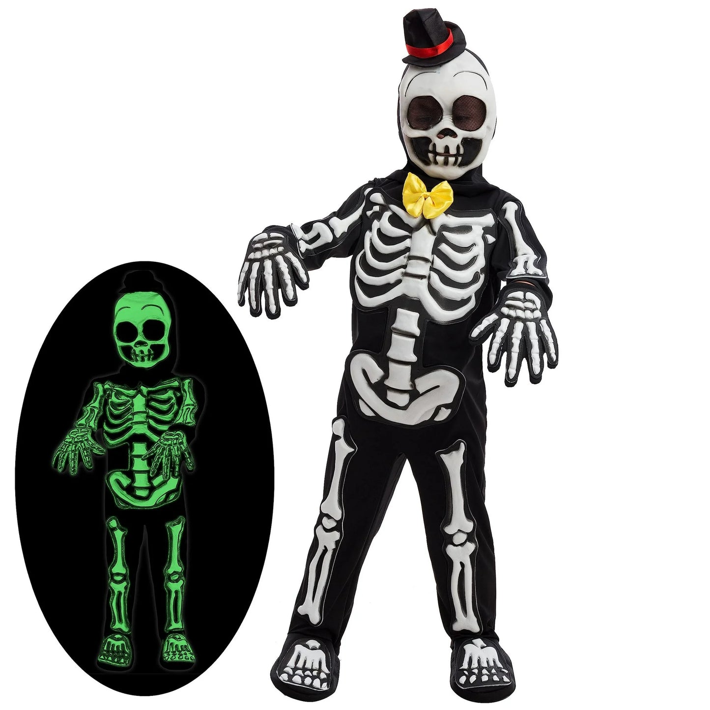 SYNCFUN Glows in the Dark Skeleton Costume for Kids, Black Skelebones Jumpsuit, Bone Halloween Costume Dress up