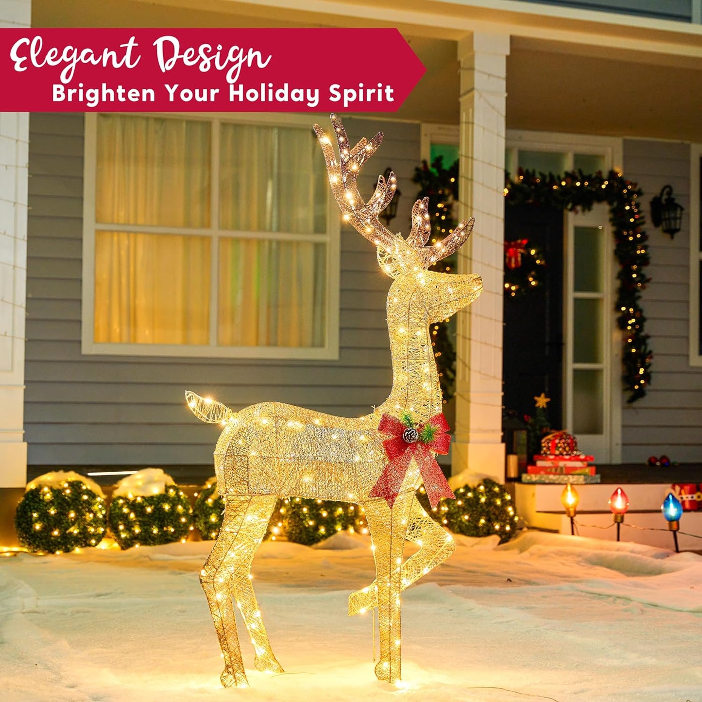 Joyfy 5.5 FT Reindeer Christmas Outdoor Yard Light Decorations,150 LED Lights Reindeer for Christmas Outside Lawn Decor,Warm White Light