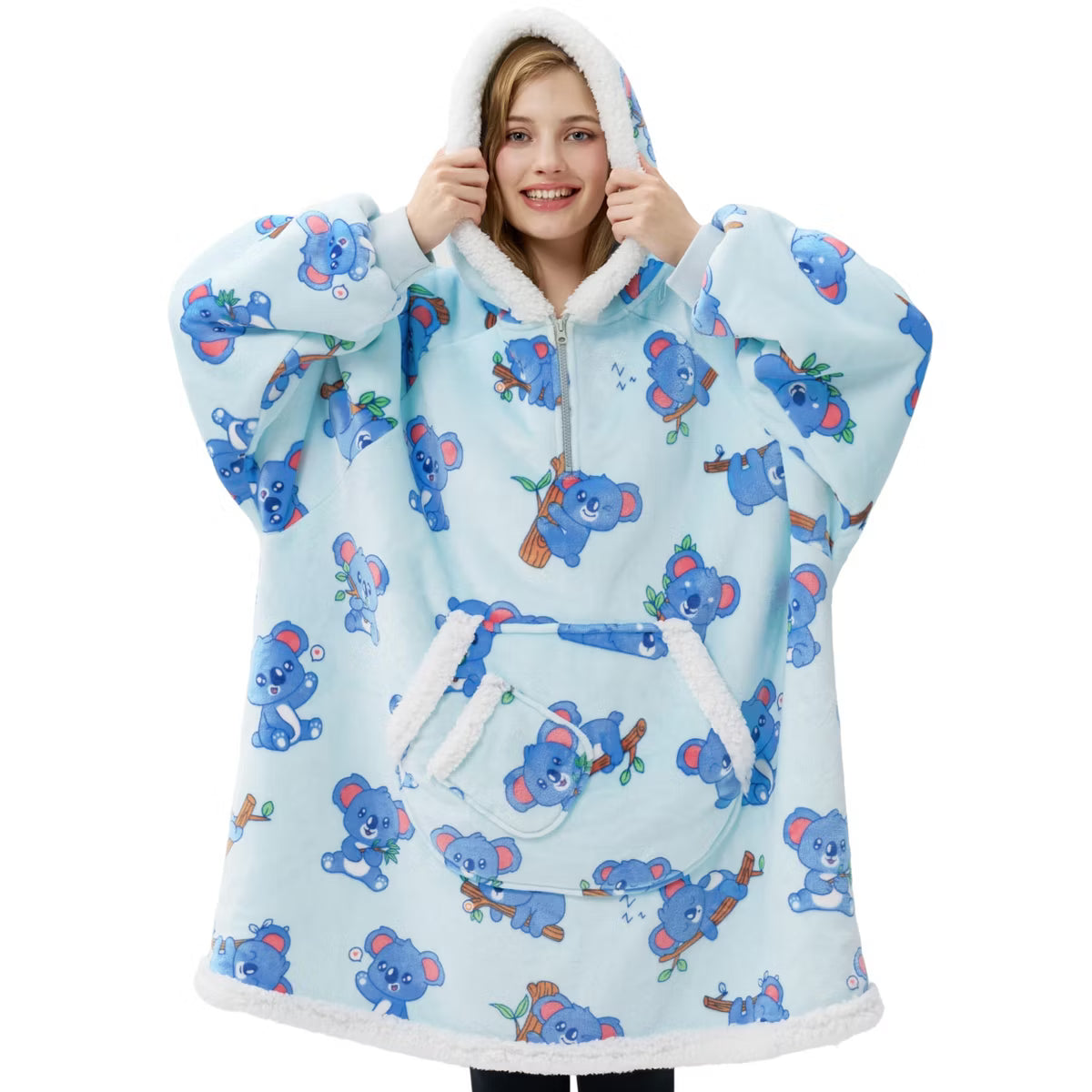Joyfy Wearable Blanket Hoodie for Women Teen Girls Birthday Christmas Gifts Mom Wife, Flannel Fleece Hooded Robe with Pocket & Sleeves Blue Koala