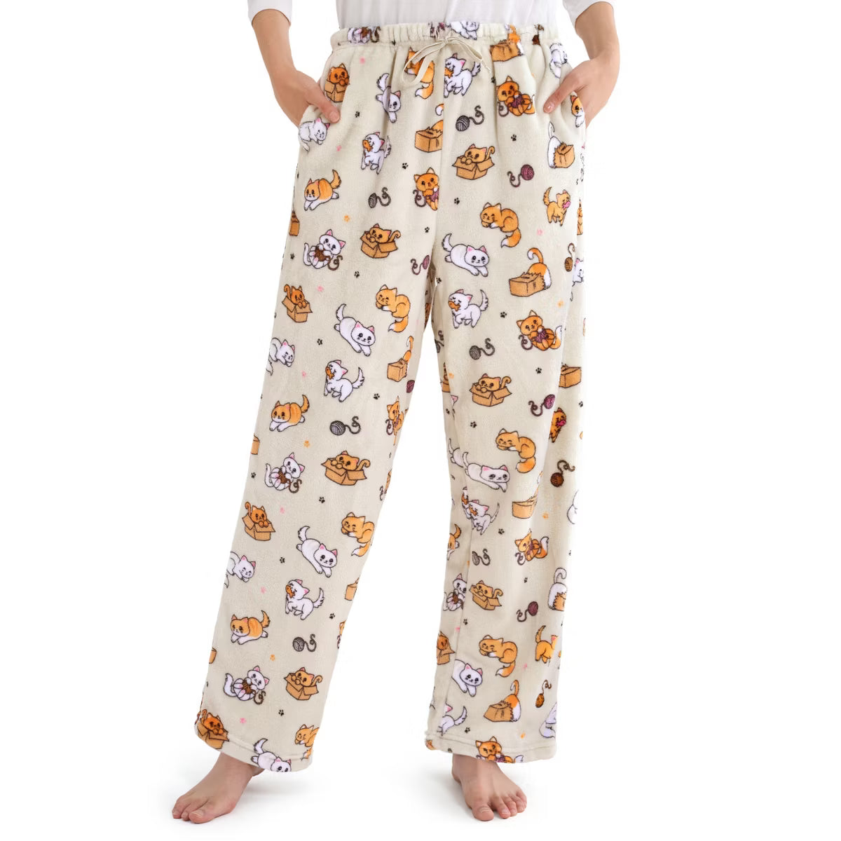 Joyfy Pajama Pants for Women Sleep Bottoms Soft Flannel Fleece Pajama Bottoms with Pockets Drawstring S/M/L/XL/XXL/3XL Sleep Lounge Cat