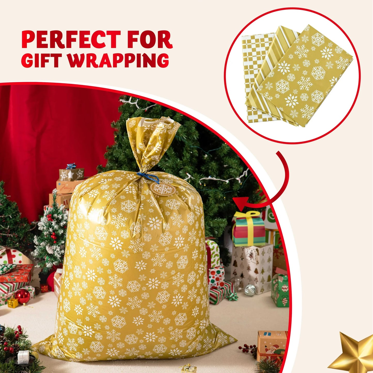 Joyfy 3 Pcs 56”x36”Jumbo Christmas Gift Bag Parties Gold for Xmas Large Holiday Plastic Gift Bag Christmas Decorations Carry-on Luggage Large Toys and Stuffed Animals