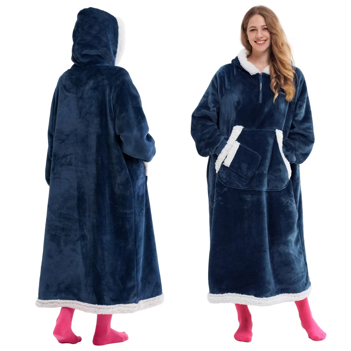 Joyfy Long Wearable Blanket Hoodie for Women Teen Girls Birthday Christmas Gifts Mom Wife, Flannel Fleece Hooded Robe with Pocket & Sleeves Navy