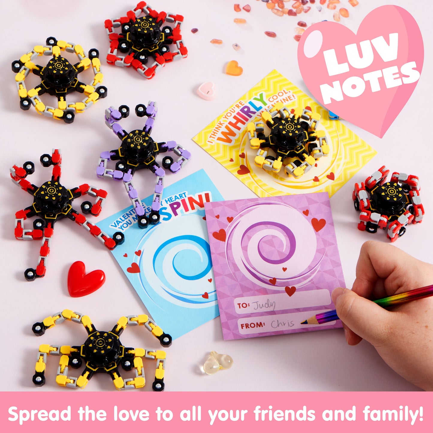 28 Packs Valentine’s Day 3-Design Gift Cards with Fidget Spinners, DIY Chain Robot Fingertip Toys, Deformable Stress Relief Toys for Kids Valentine’s Party Favor, School Exchange, Game Prizes