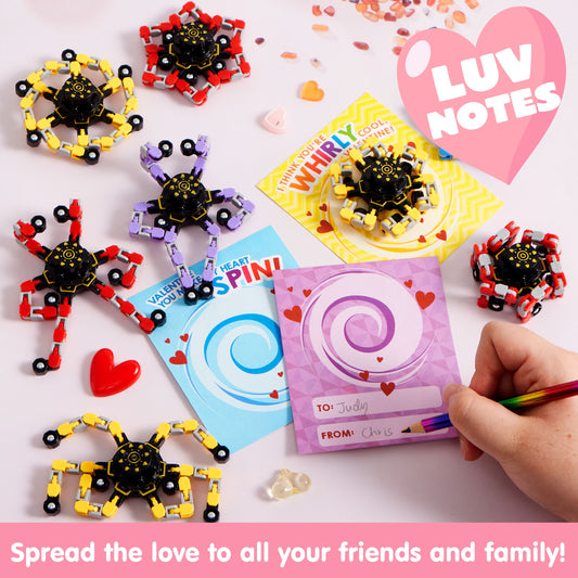 28 Packs Valentine’s Day 3-Design Gift Cards with Fidget Spinners, DIY Chain Robot Fingertip Toys, Deformable Stress Relief Toys for Kids Valentine’s Party Favor, School Exchange, Game Prizes