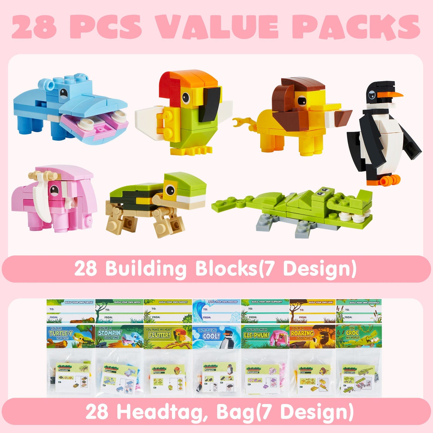 28 Packs Valentines Day Gift Cards with Animal Building Blocks for Valentine's Classroom Exchange Toy,Valentine Party Favor,Kids Classroom School Prize
