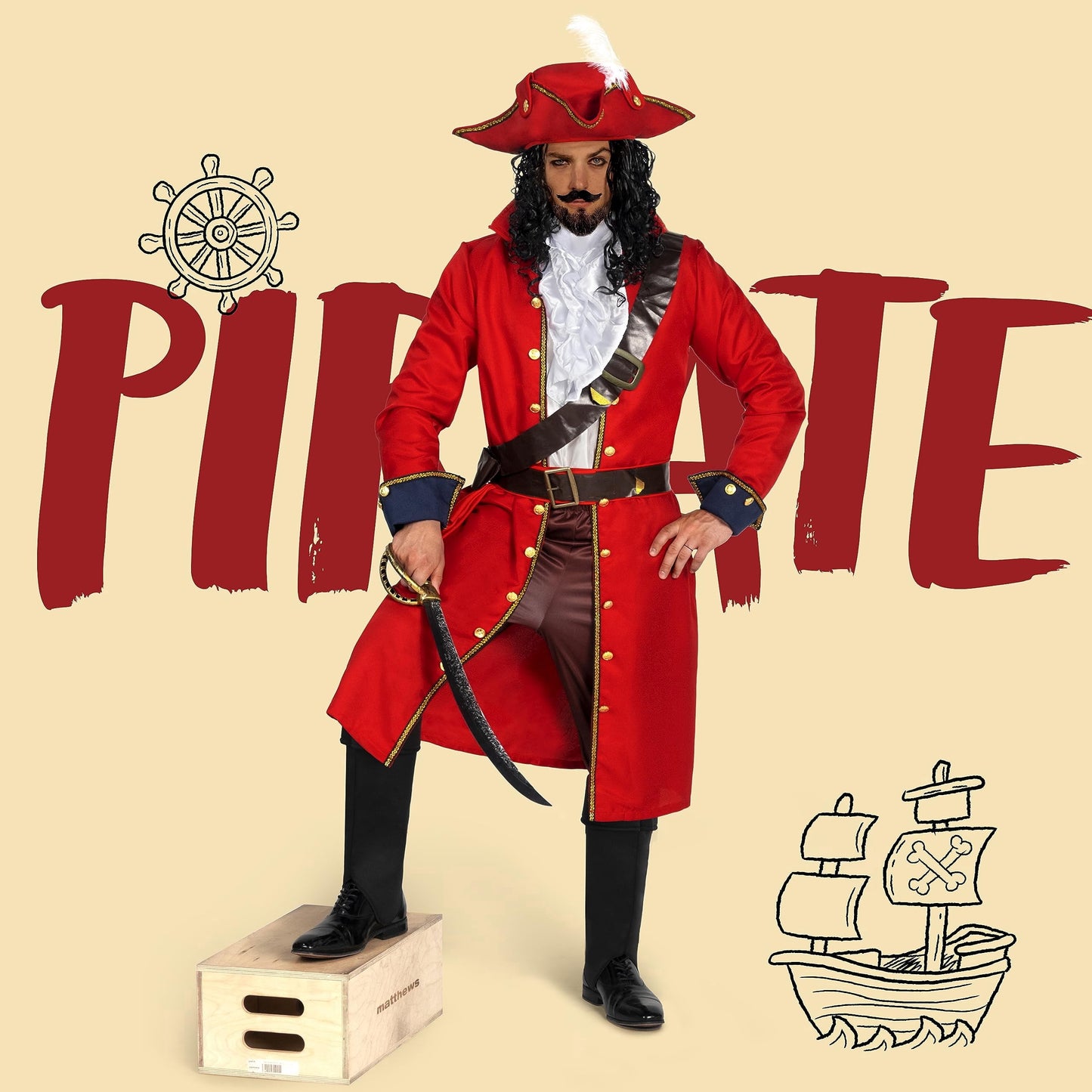 Joyfy Mens Pirate Captain Costume Set, Red Deluxe Captain Outfit for Adult Halloween Fancy Dress Up Party Cosplay