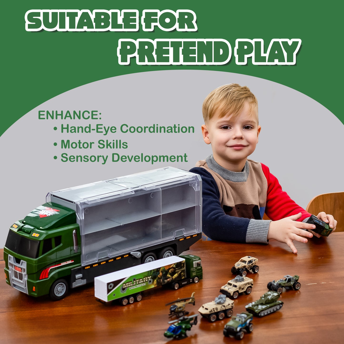 SYNCFUN 19 in 1 Die-cast Army Toy Truck, Mini Military Vehicles in Carrier Truck with Army Men Action Figures, Toys for Boys 3-6-9 Years Old