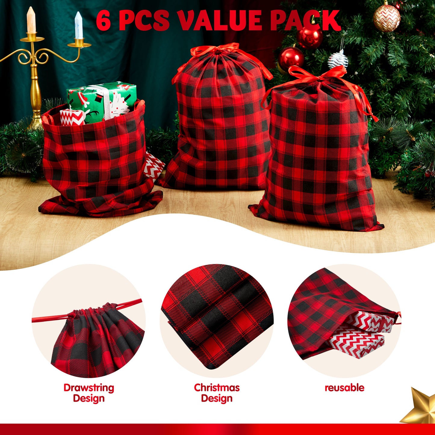 Joyfy 6 Pcs Christmas Fabric Drawstring Gift Bags 19" x 14.5" Reusable Christmas Sacks Buffalo Plaid Pouches Gift Wrapping Bag Set for Xmas Holiday Presents Décor, Giant Gifts Decorations