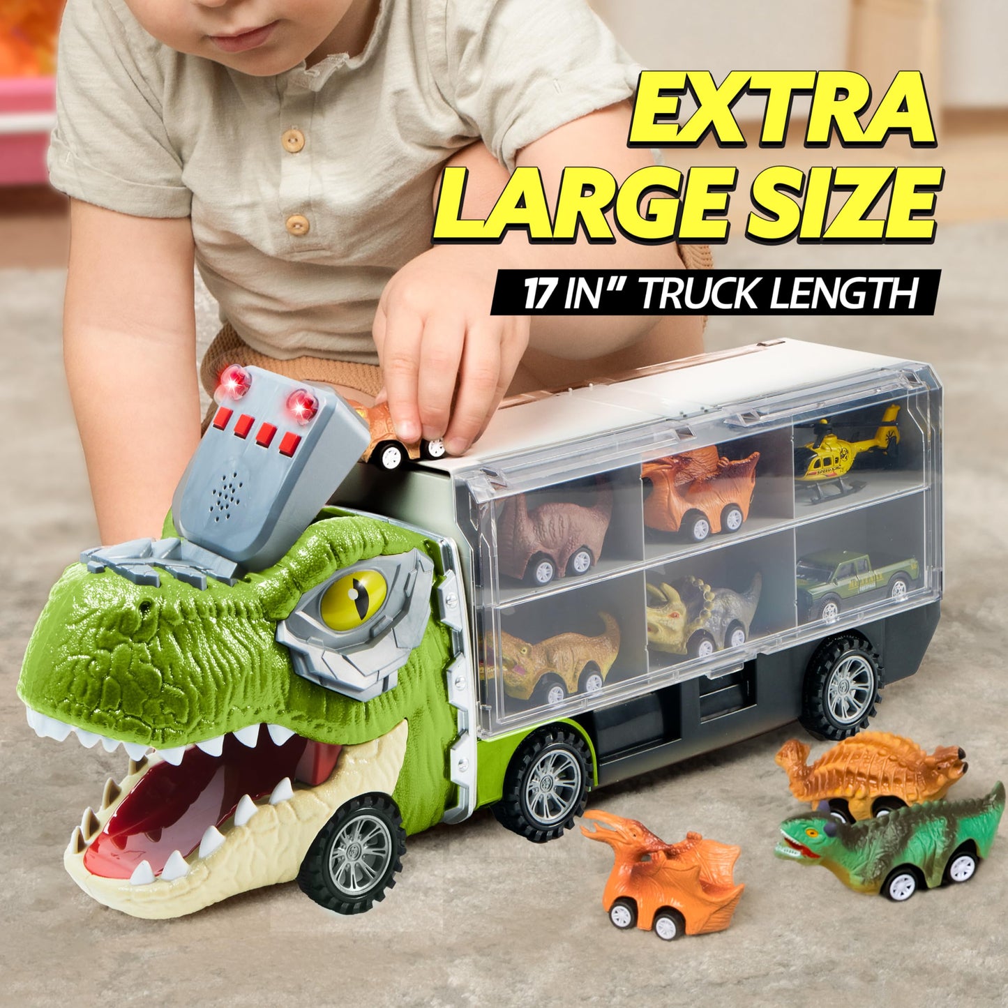 SYNCFUN 13 in 1 Dinosaur Toys, Dinosaur Truck with 12 Pull Back Cars, Dinosaur Cars Set, Birthday Gifts Toys for 3 4 5+ Year Old Boy, Transport Carrier Truck for Toddlers 2-4 Years