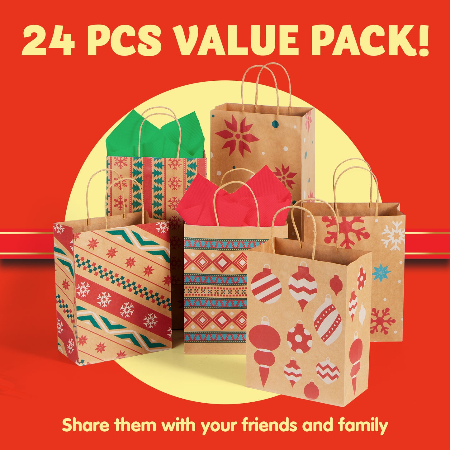 Joyfy 24 Pcs Christmas Present Bags, Kraft Bags with Handle for Christmas Party Favors, Gift Giving, Holidays Decorations, Xmas Treat Bags