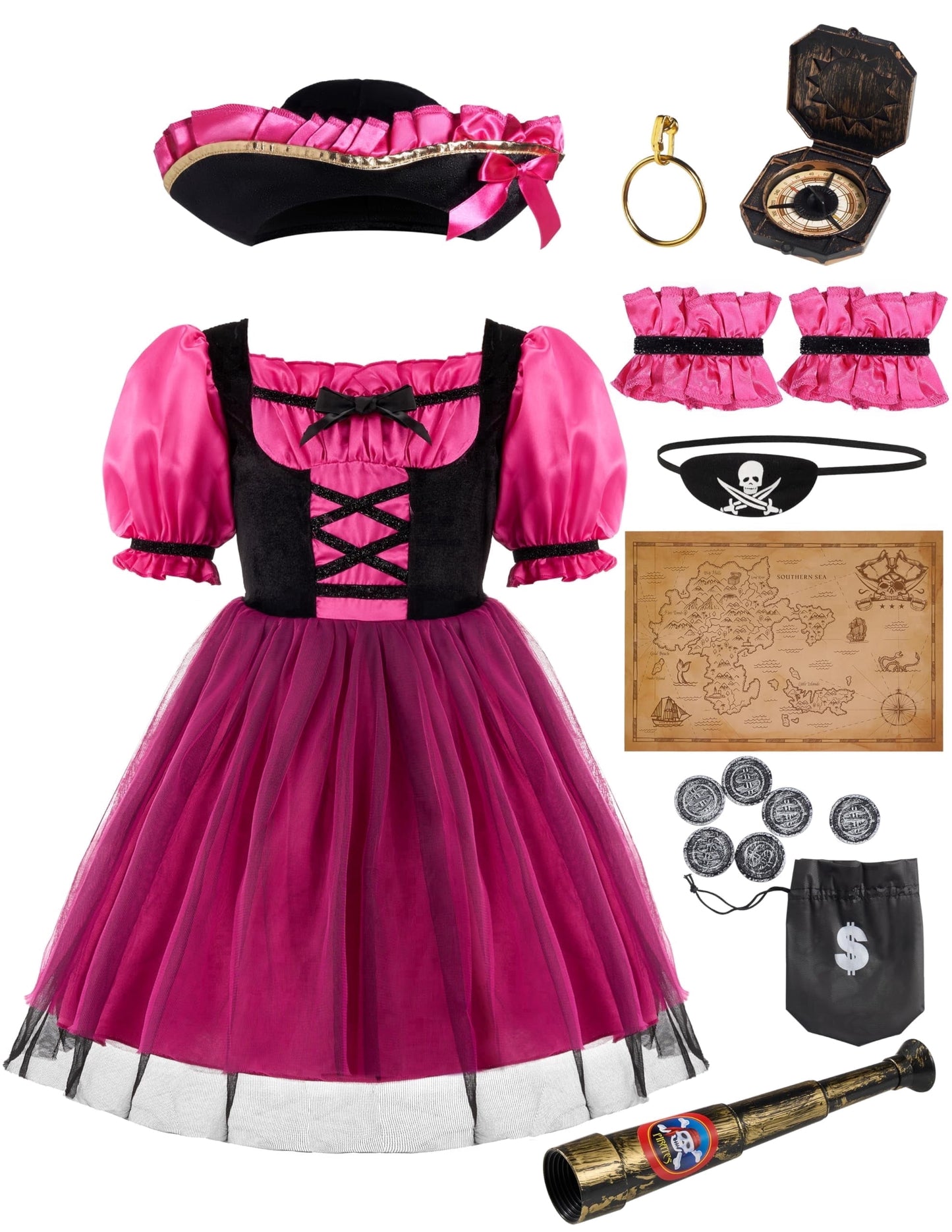 Joyfy Pirate Costume for Girls Kids Pirate Captain Dress Up Outfits Halloween Carnival Birthday Party Role Play Costume Set for Toddler Child