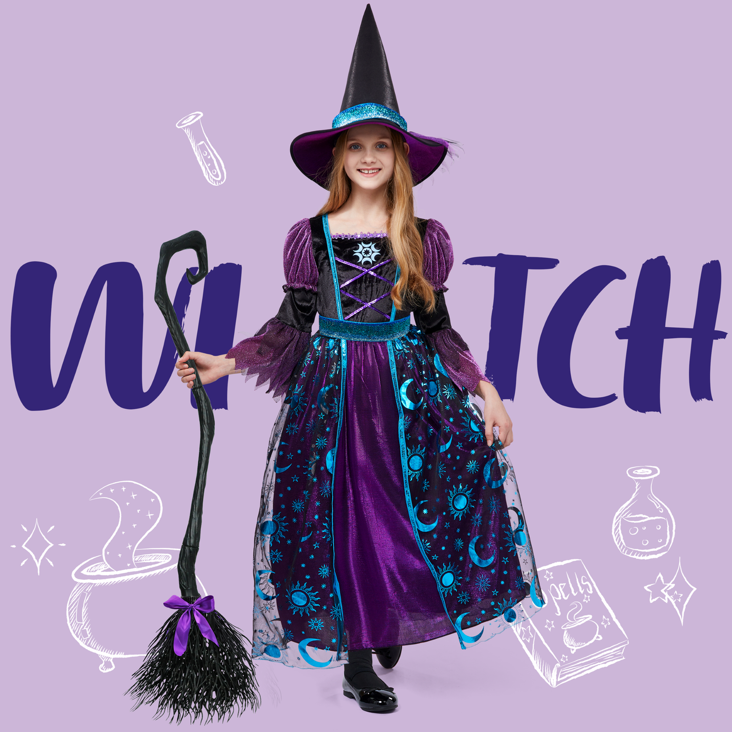 Joyfy Witch Costume for Girls, Halloween Witch Dress with Broom Hat, Kids Moon Shimmer Witch Costume Set for Wizard Role Play Themed Parties