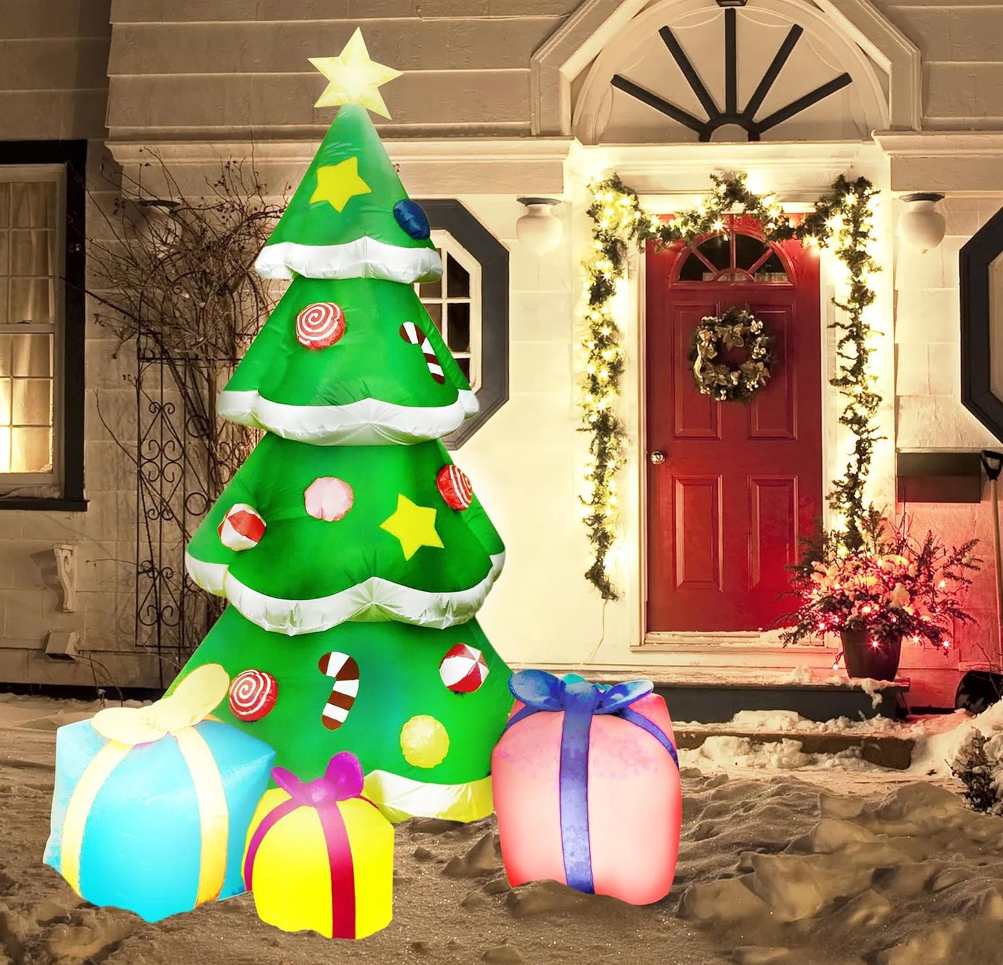 Joyfy 7 FT Christmas Inflatables Christmas Tree Outdoor Decorations,Giant Christmas Inflatable Tree with 3 Gift Boxes Blow Ups Yard with Built-in LEDs for Holiday Party Garden Lawn Decor