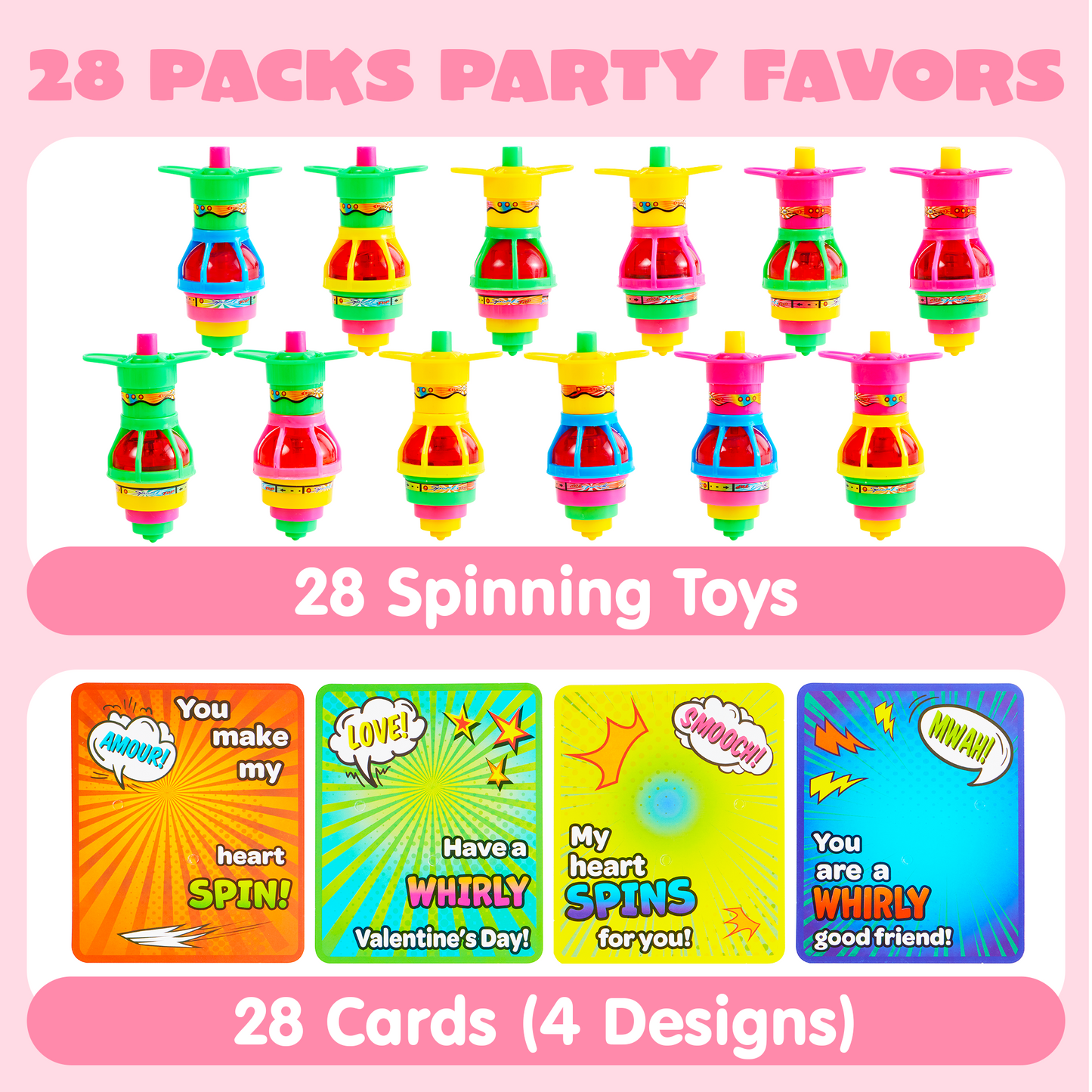 28 Packs Valentine's Day Gift Cards with Light up Spinning Tops, LED UFO Gyroscope Flashing Lights for Valentine Party Favors Toys,Classroom Exchange Prizes,Valentines Day Cards for Kids School