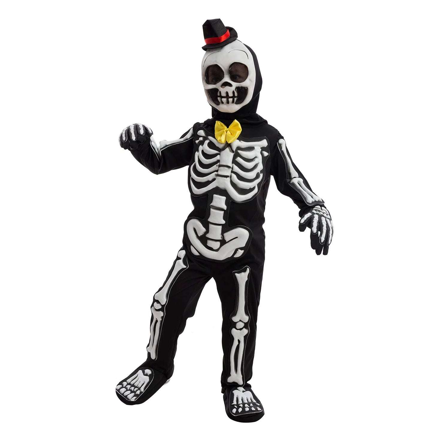 SYNCFUN Glows in the Dark Skeleton Costume for Kids, Black Skelebones Jumpsuit, Bone Halloween Costume Dress up