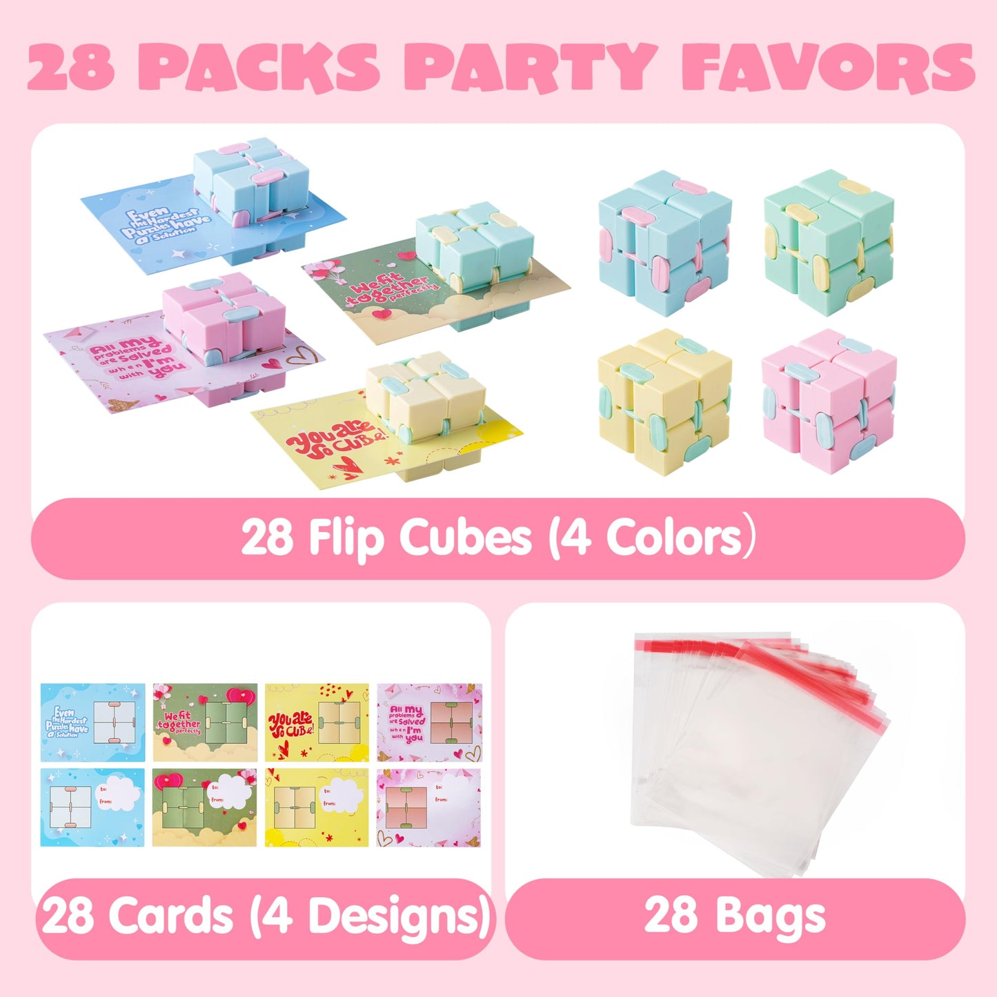 28 Packs Valentines Cards with Fidget Cube for Kids, Snake Cube Fidget Puzzles s for Kids Valentines Class Exchange Cards