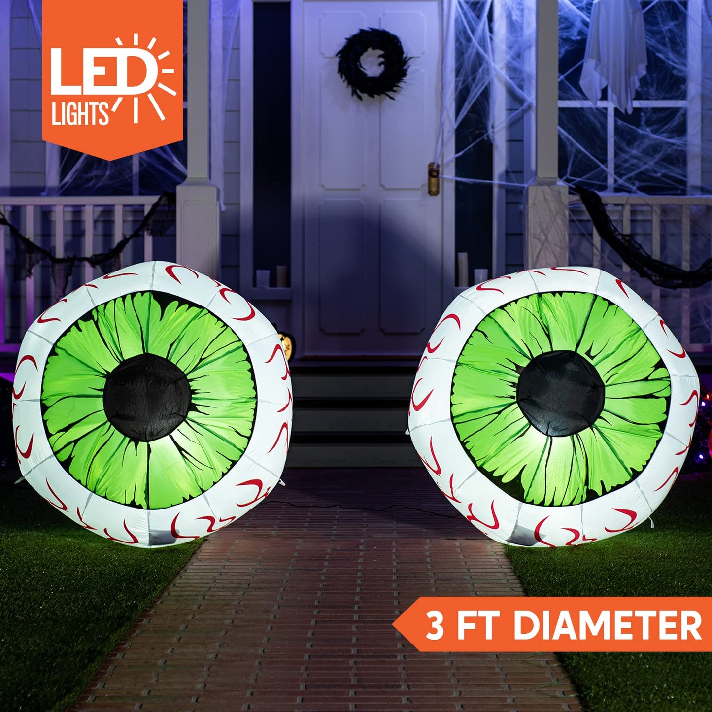 Syncfun 2 Pack Halloween Inflatable Huge Green Eyeballs with Build-in LEDs Halloween Blow up Yard Decorations,3 FT Diameter