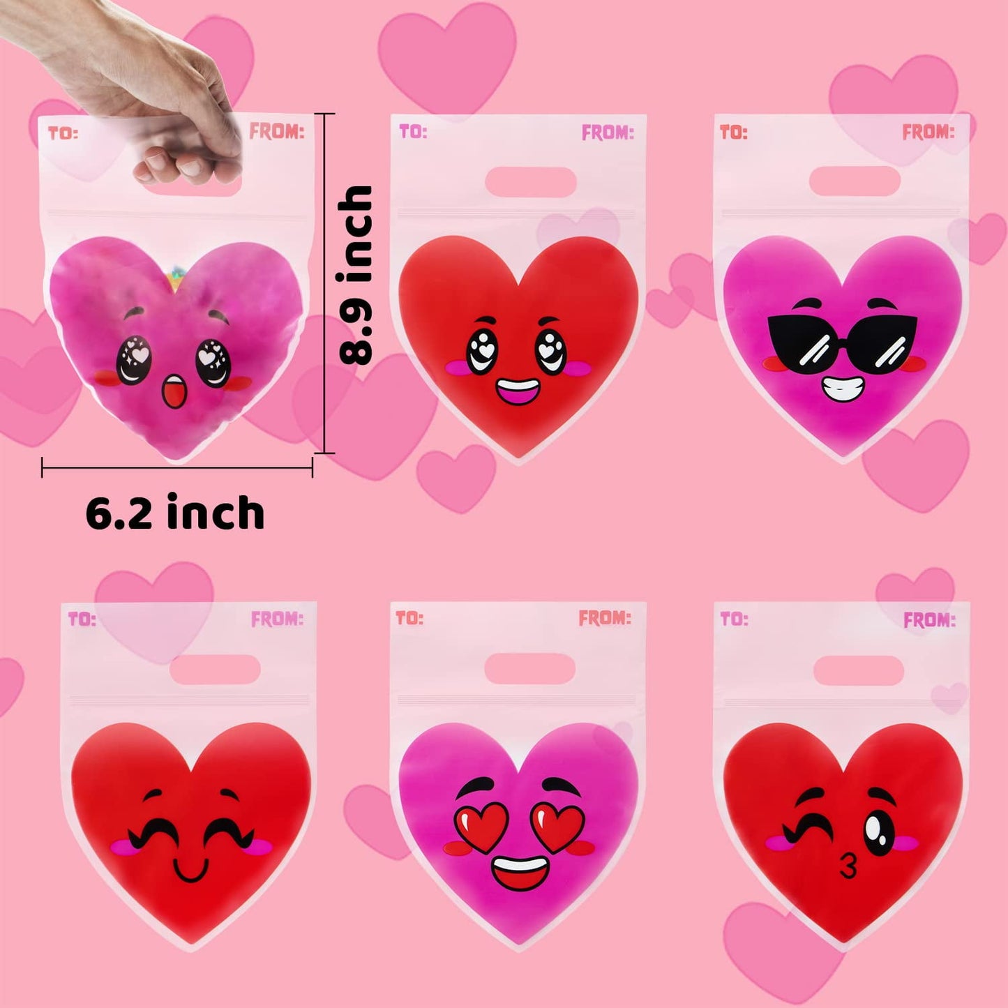 48 Pcs Valentine’s Day Cellophane Gift Bag, Candy Treat Bags with Red Pink Heart Designs for Kids Party Favor Supplies, Classroom Gift Exchange Prizes, Valentine’s Goodie Bags