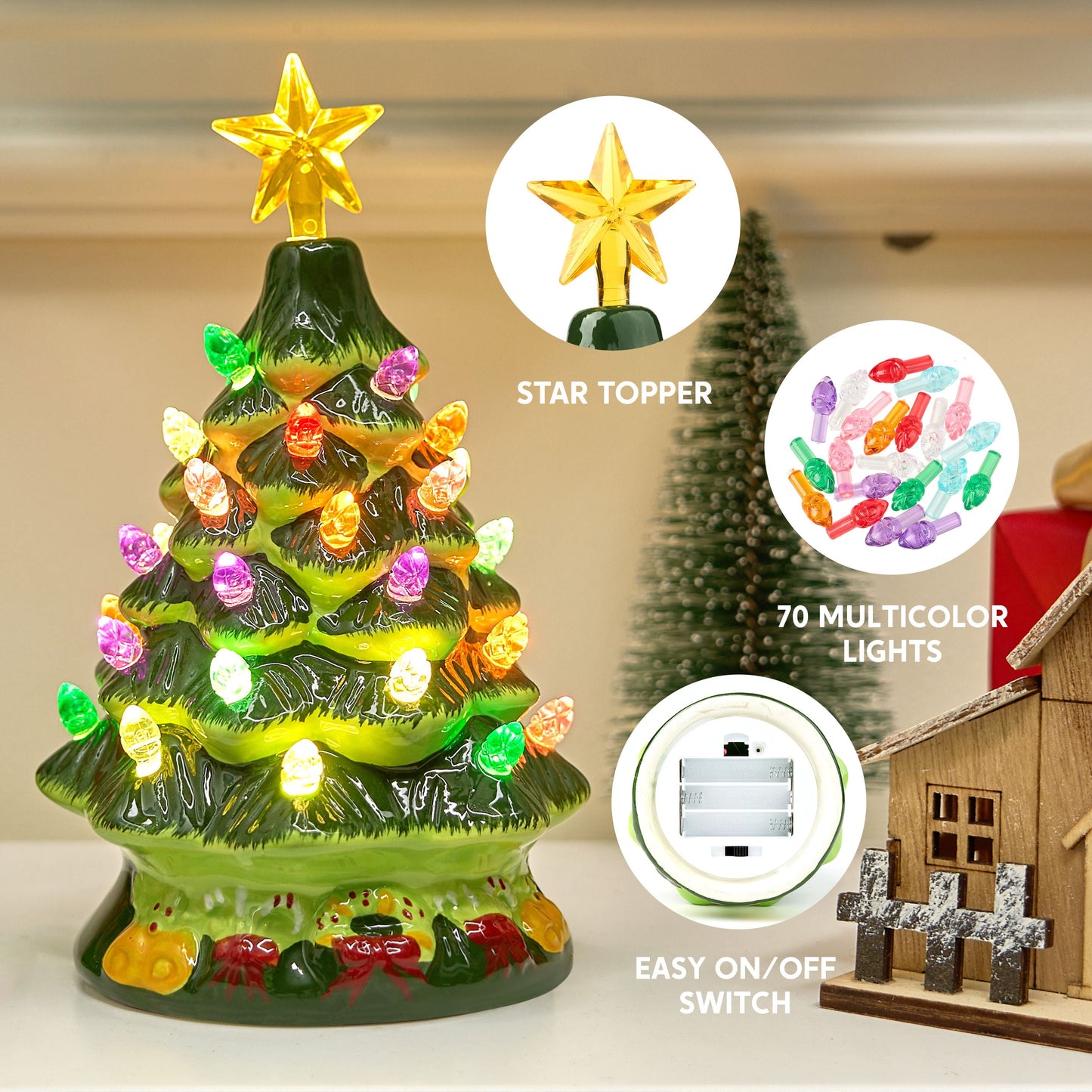 Joyfy 2 Pcs 7" Small Ceramic Christmas Tree,Prelit Ceramic Christmas Tree with Lights and Top Star,Table Top Christmas Tree Decorations,Holiday Tree