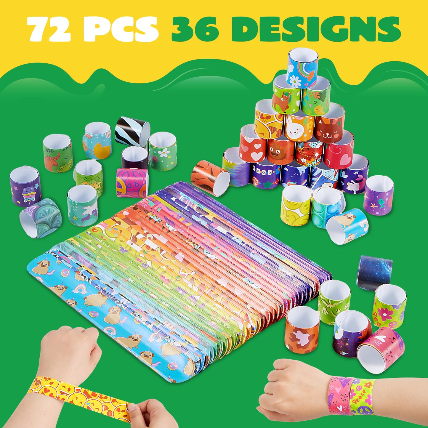 Syncfun 288 Pcs Slap Bracelets Party Favors - 36 Designs with Cute and Colorful Themes - for kids Easter Valentine Party Favors