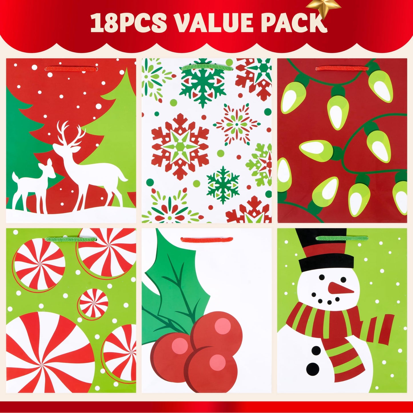 Joyfy 18 Pcs Christmas Holiday Goody Bags, 6 Assorted Christmas Designs Goodie Bags for Classrooms, Party Favors, Small Gift Bags, Kraft Bags and Christmas Craft Bags
