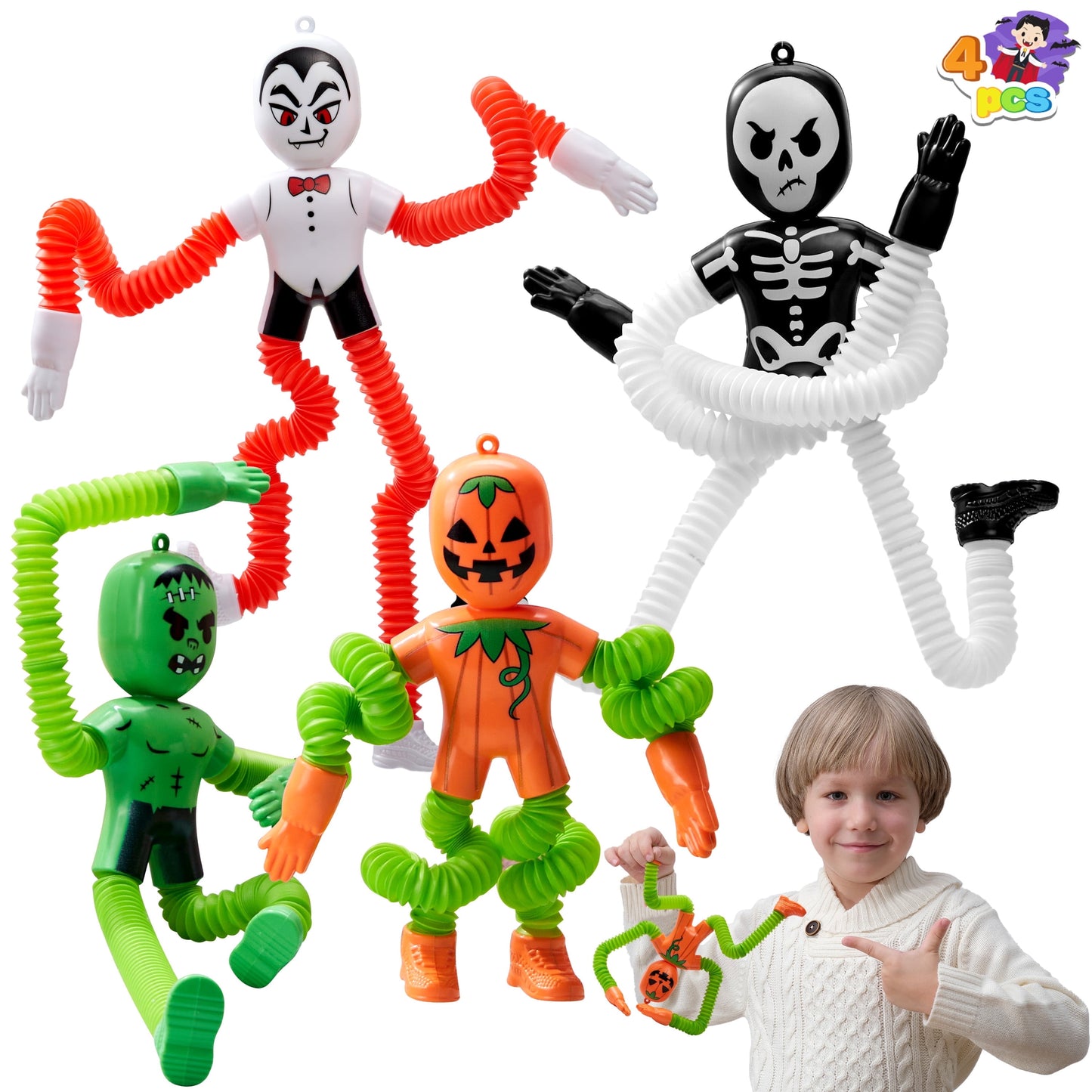 Joyfy 4 Pcs Halloween Sensory Stretchy Fidget Toys,Halloween Telescopic Pop Tube Toys Bulk for Party Favors,Halloween Goody Bag Fillers,Halloween Stretchy Toys for Classroom Prizes
