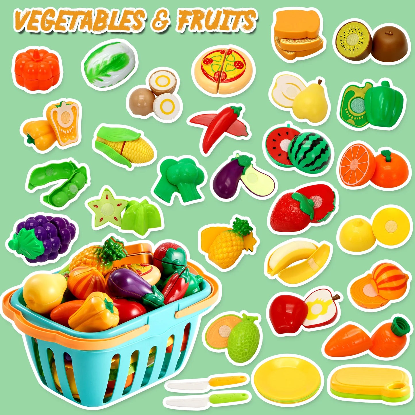 SYNCFUN 68 Pcs Cutting Play Food, Fake Food for Kids Play Kitchen with Storage Basket, Pretend Play Kitchen Toys