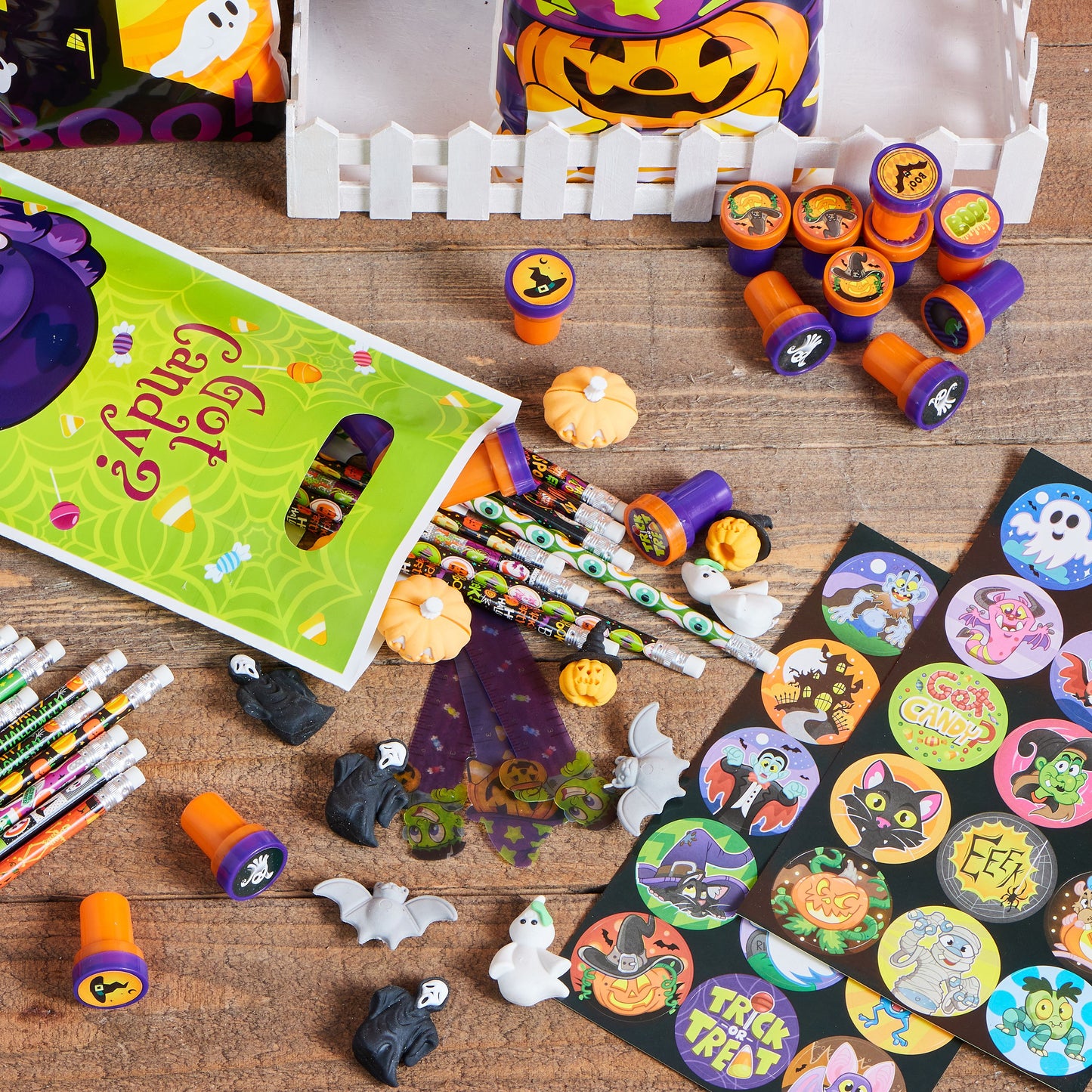 Joyfy 144 Pcs Halloween Stationery Set for Kids,Halloween Pencils Stickers Erasers Stamps Party Favors,Halloween Trick or Treat Bags,Halloween Gifts for Kids,Classroom Favors