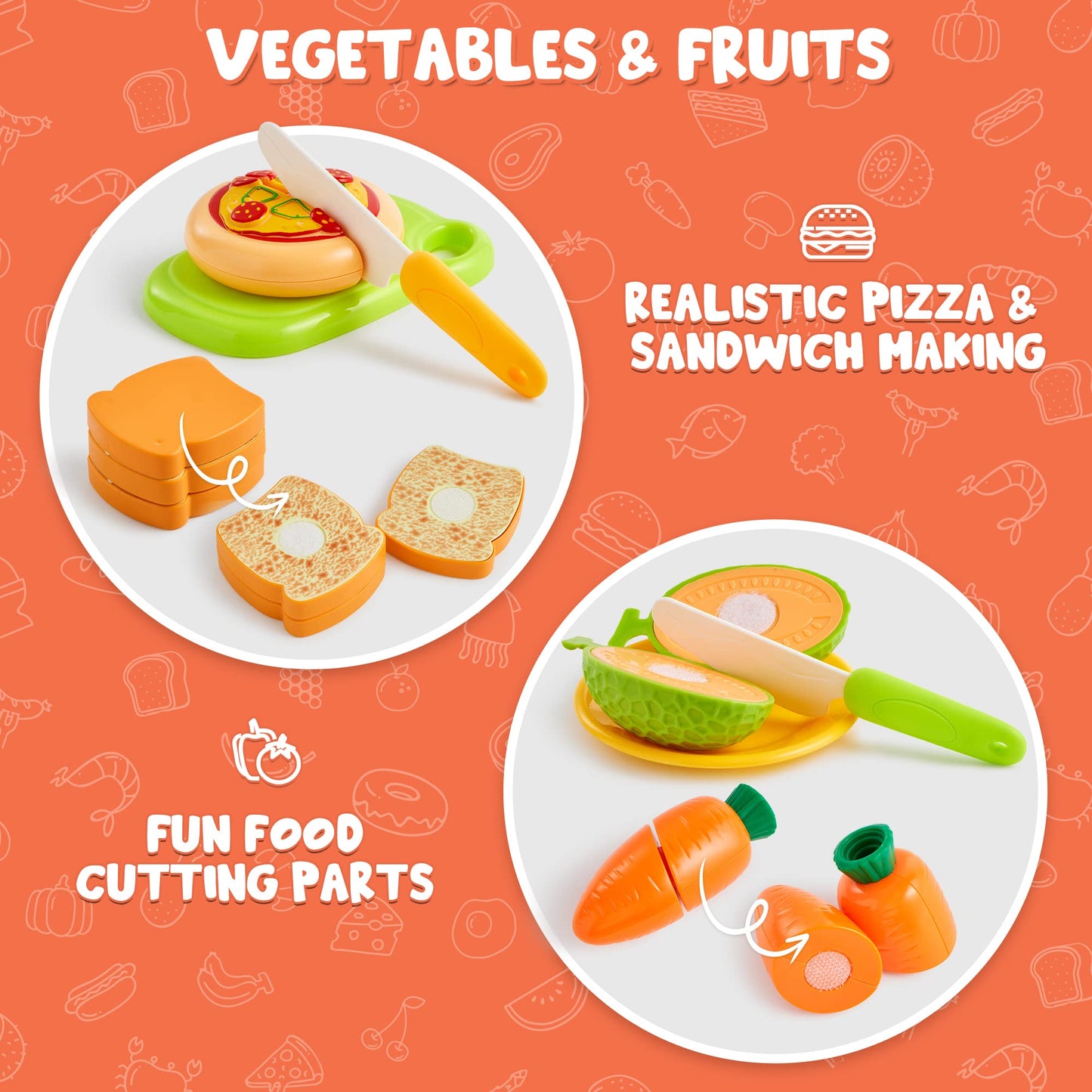 JOYIN 68 PCS Cutting Play Food Toy for Toddlers Kitchen, Fake Food for Kids Play Kitchen, Includes Plastic Fruit &Vegetables, Storage Basket, Mini Dishes and Knife, Pretend Play Toys, Toddler Gifts