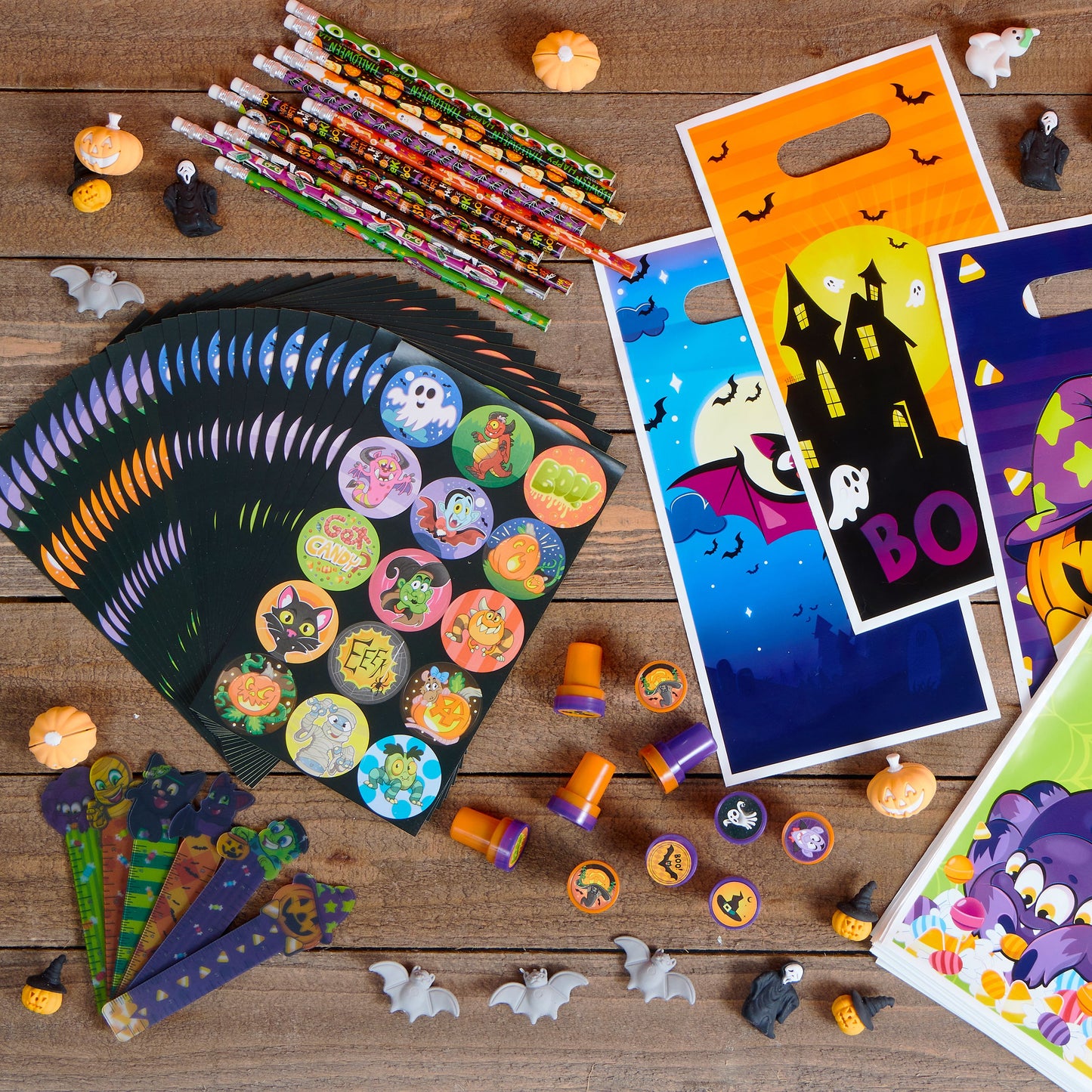 Joyfy 144 Pcs Halloween Stationery Set for Kids,Halloween Pencils Stickers Erasers Stamps Party Favors,Halloween Trick or Treat Bags,Halloween Gifts for Kids,Classroom Favors