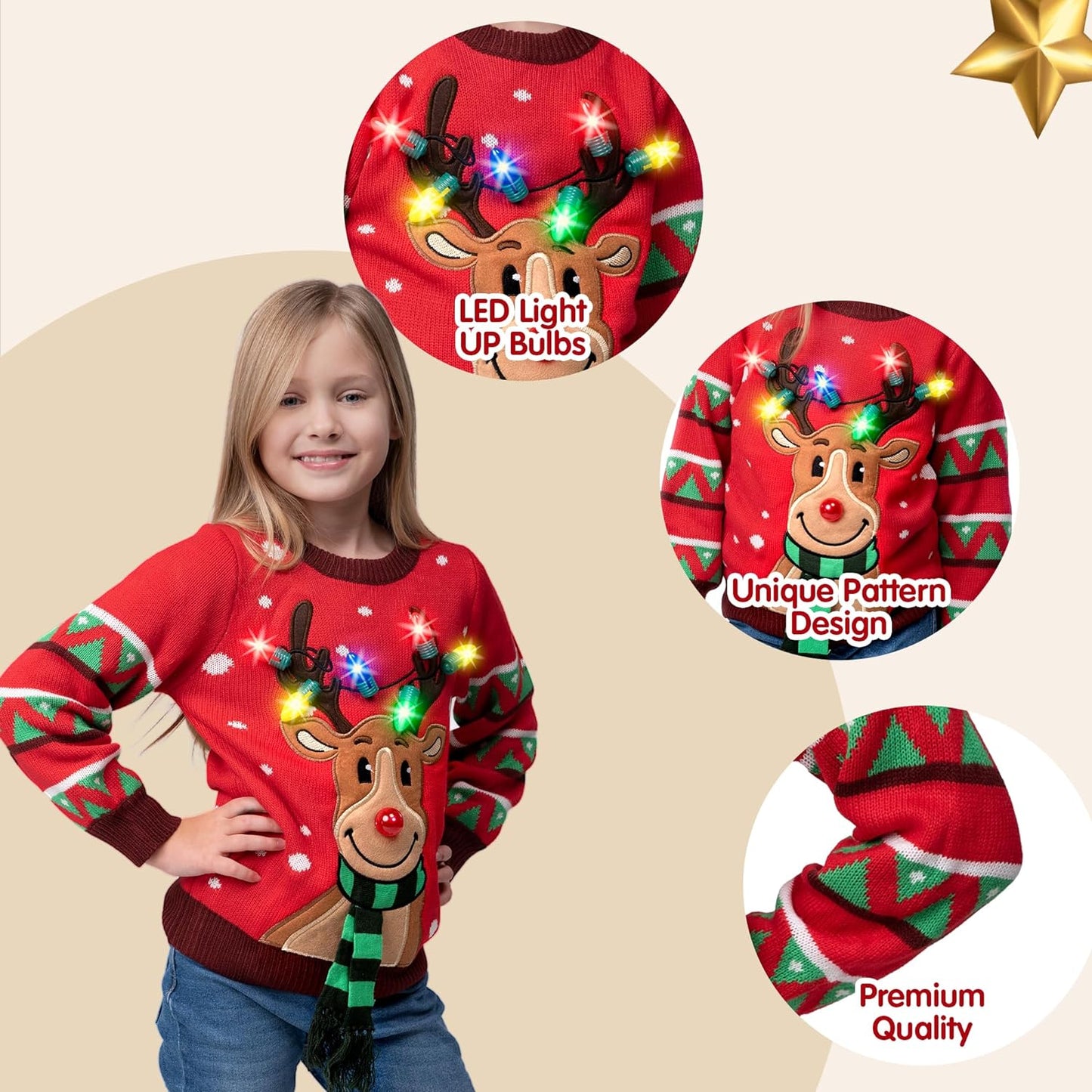 Syncfun Light Up Ugly Christmas Sweater for Kids,Funny LED Reindeer Christmas Sweater for Girls Boys,Holiday Sweater