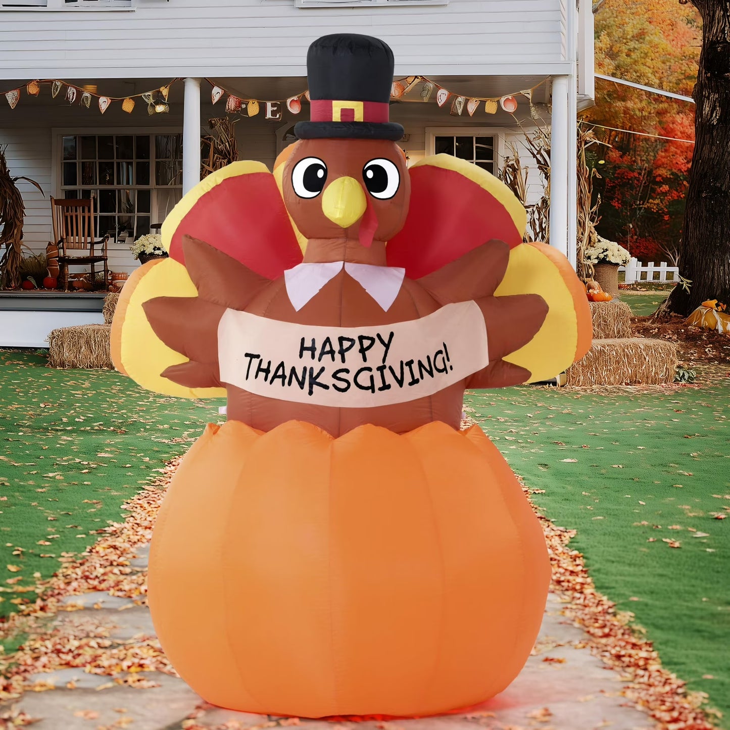 Joyfy 6FT Thanksgiving Inflatable Turkey on Pumpkin Outdoor Decorations,with Pilgrim Hat and LED, for Thanksgiving Yard Inflatable Decorations