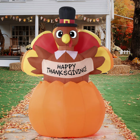 Joyfy 6FT Thanksgiving Inflatable Turkey on Pumpkin Outdoor Decorations,with Pilgrim Hat and LED, for Thanksgiving Yard Inflatable Decorations
