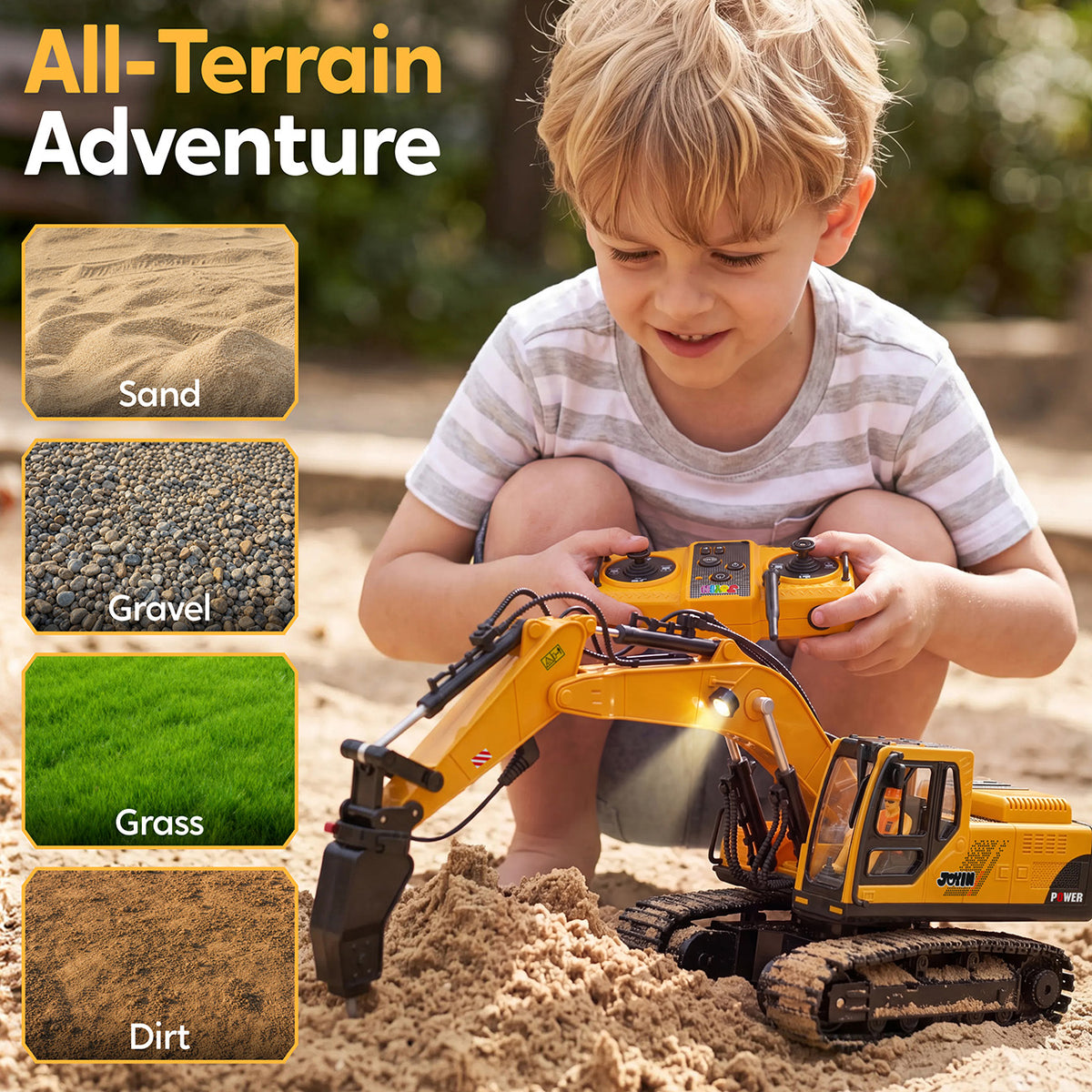 Joyfy 3-in-1 RC Excavator Construction Toy for Kids, 11 Channel Precise Control for Outdoor Play Sandbox Digger Toys, 680° Rotatable Cab, Christmas & Birthday Gifts for Kids 3-8-12