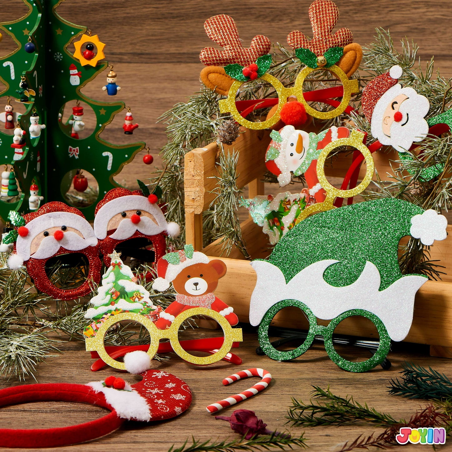 Joyfy 12 Pcs Christmas Eyeglasses Frames Glitter Photo Props for Kids Adult Party Favors Holiday Supplies (One Size Fits All)