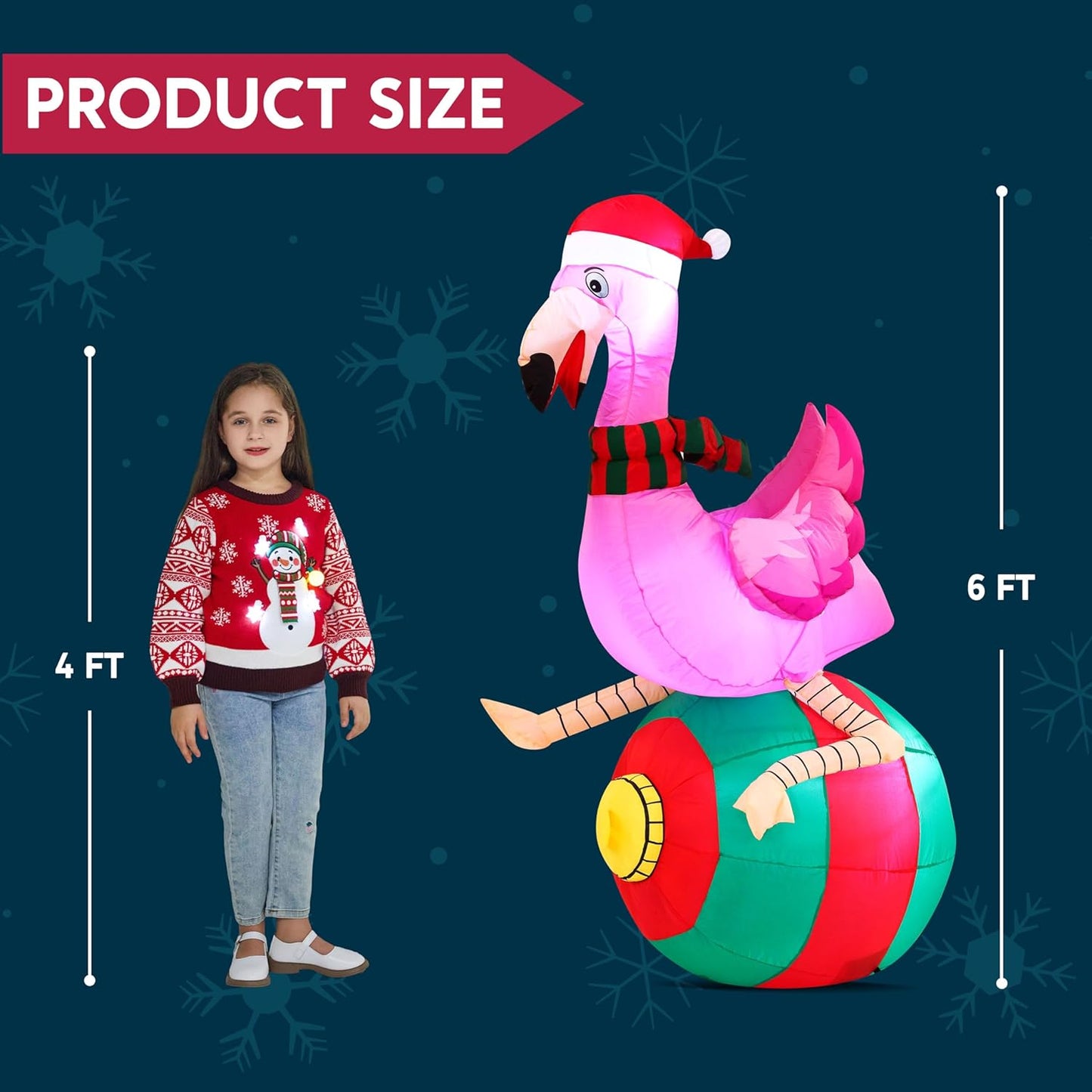 Syncfun 6 FT Christmas Inflatables Flamingo on Ornament Outdoor Decorations,Christmas Blow Ups Yard with Built-in LEDs for Holiday Party Garden Lawn Decor