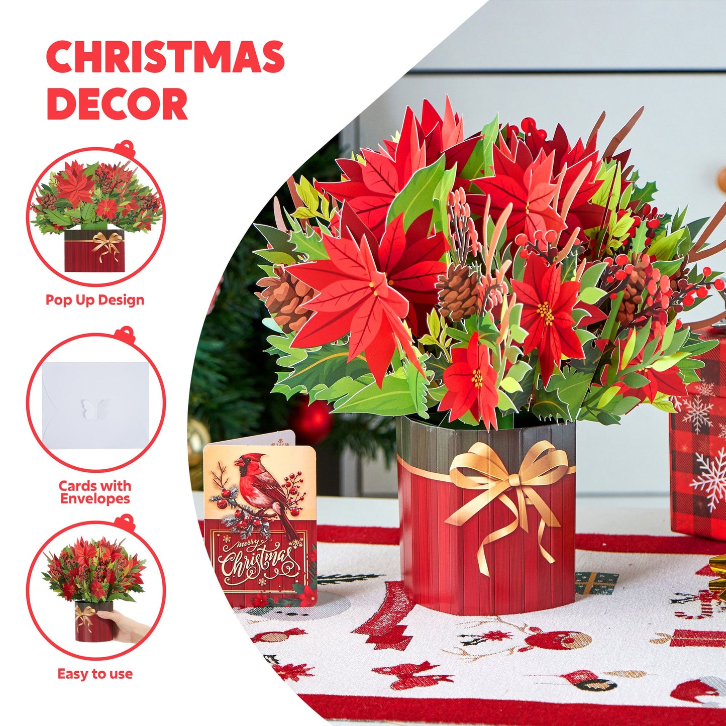 Joyfy Christmas Pop-up Greeting Cards with Envelope, 3D Permanent Flower Greeting Cards, Holiday Pop-up Greeting Cards for Family Members, Christmas and All Occasions