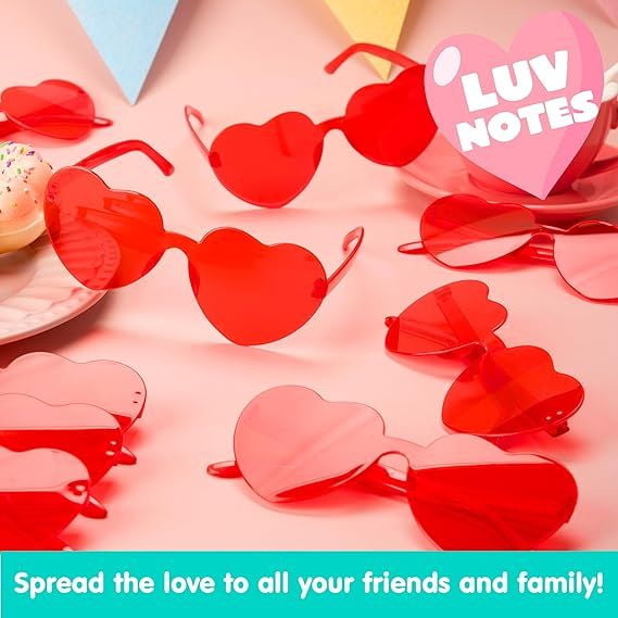 12 Packs Valentine's Day Heart Shaped Glasses for Kids, Rimless Sunglasses, Classroom Exchange Gift Valentines Party Favors