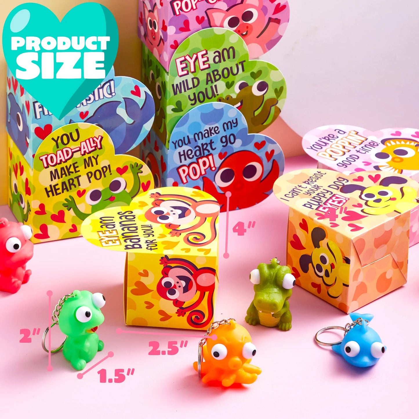 48pcs (24 Valentines Cards with 24 Pop Eye Animal Keychains) for Kids, Valentines Gifts with Heart Boxes, Fidget Valentines Toys for Kids School Class Exchange, Stress Relief Toys