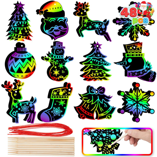 Syncfun 48 PCS Christmas Rainbow Color Scratch off Decorations, Scratch off Paper Craft Set Include Snowman, Snowflake, Christmas Tree and Reindeer for Kids Xmas Party Favors