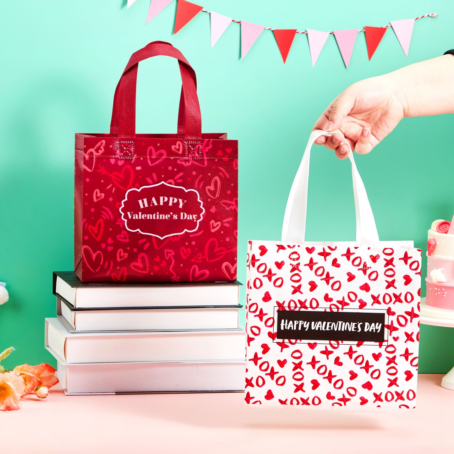 12 Pcs Valentine's Day Non-Woven Gift Bags with 6 Designs for Kids Party Favor, Classroom Exchange Prizes, Reusable Tote Bags For Present Wrapping